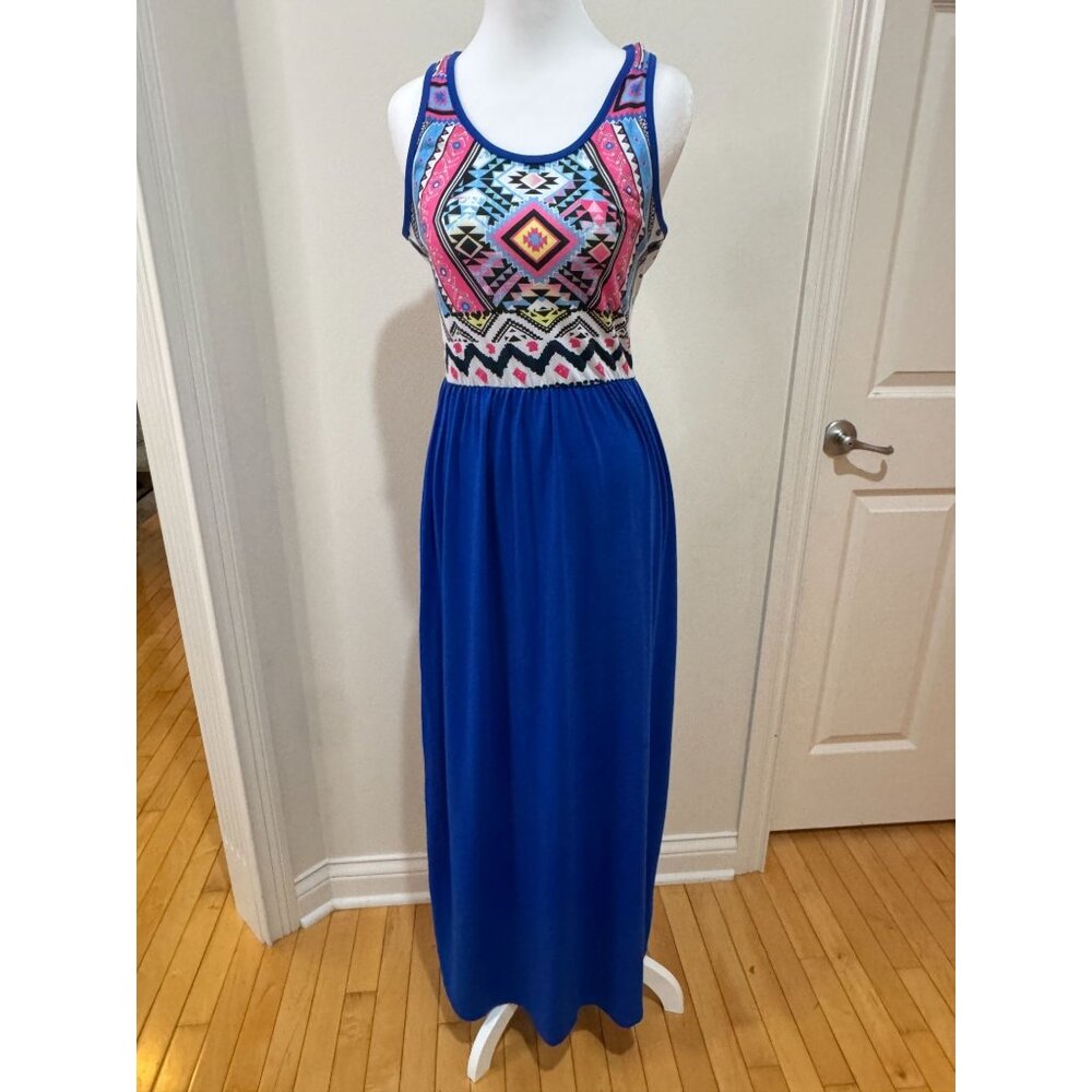 Boho Aztec Print Tank Maxi Dress Blue & Multicolor Sleeveless Scoop Neck Medium